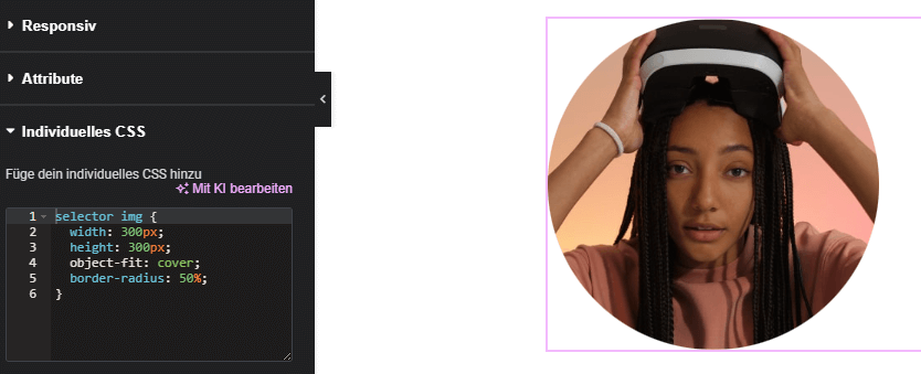 Elementor CSS Einstellungen neben rundem Bild