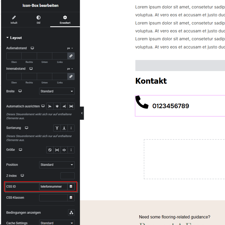 CSS-ID in einer Elementor Section unter Erweitert eintragen