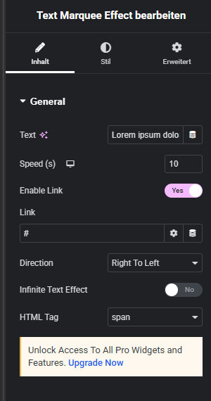 Text Marquee Effect Widget Einstellungen