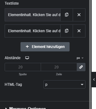 Textliste Einstellungen für Marquee Texte