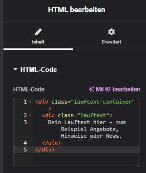 HTML-Code für Lauftext im HTML-Widget einfügen
