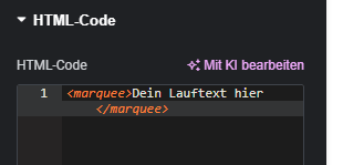 Beispiel eines Lauftext Banners im HTML Widget mit marquee Tags