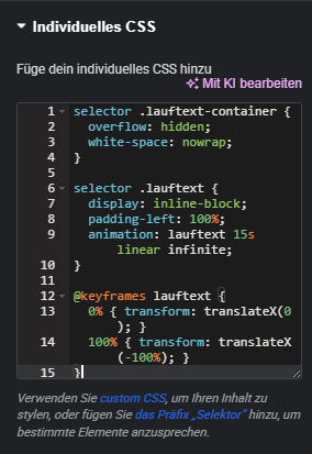 Custom CSS Animation für Elementor Lauftext im Widget hinzufügen
