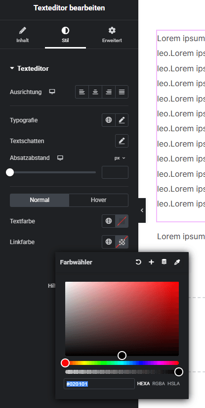 Link Farbe im Elementor Stil Tab ändern