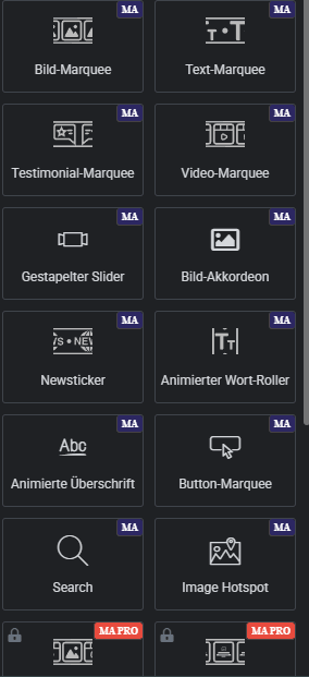 Mehrere Marquee Widgets in der Elementor Übersicht