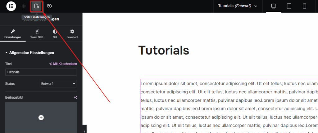 Seiteneinstellungen im Elementor Editor über das Dokumenten Symbol öffnen