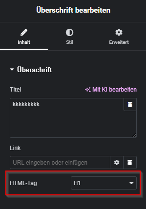 Elementor Widget Überschrift mit gesetzem HTML-Tag als H1