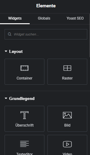 Elementor Editor kostenlose Widgets Laoyut & Grundlegend