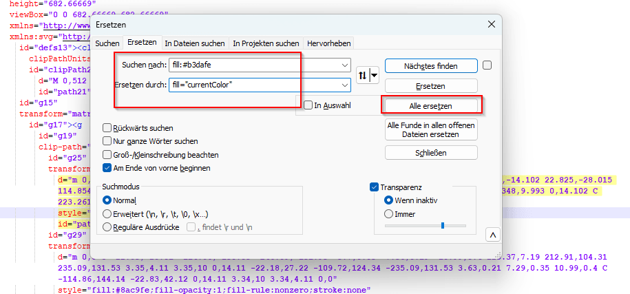 SVG Datei bearbeiten um fill currentColor zu verwenden
